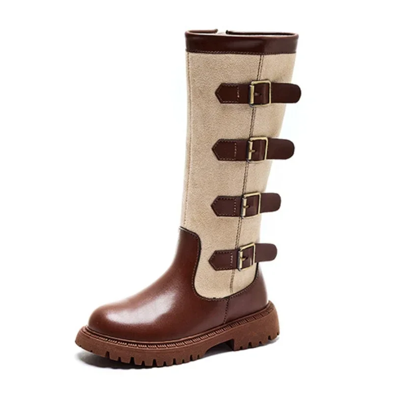 Retro Buckle Girls Boots 2024 Autumn New Fashion Leather Knee-length Long Boots Princess High Top Casual Children Shoes