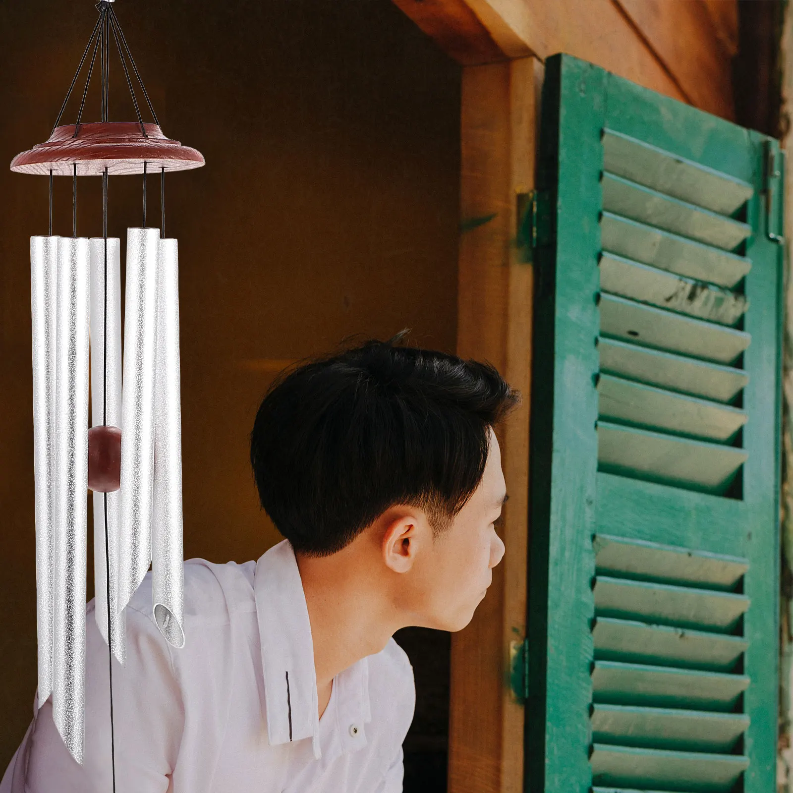 

Metal Pipe Wind Chime 5 Tubes Feng Shui Hanging Home Office Outside Vintage Decor Wind Chime nament Aluminum Wood Balcony Patio