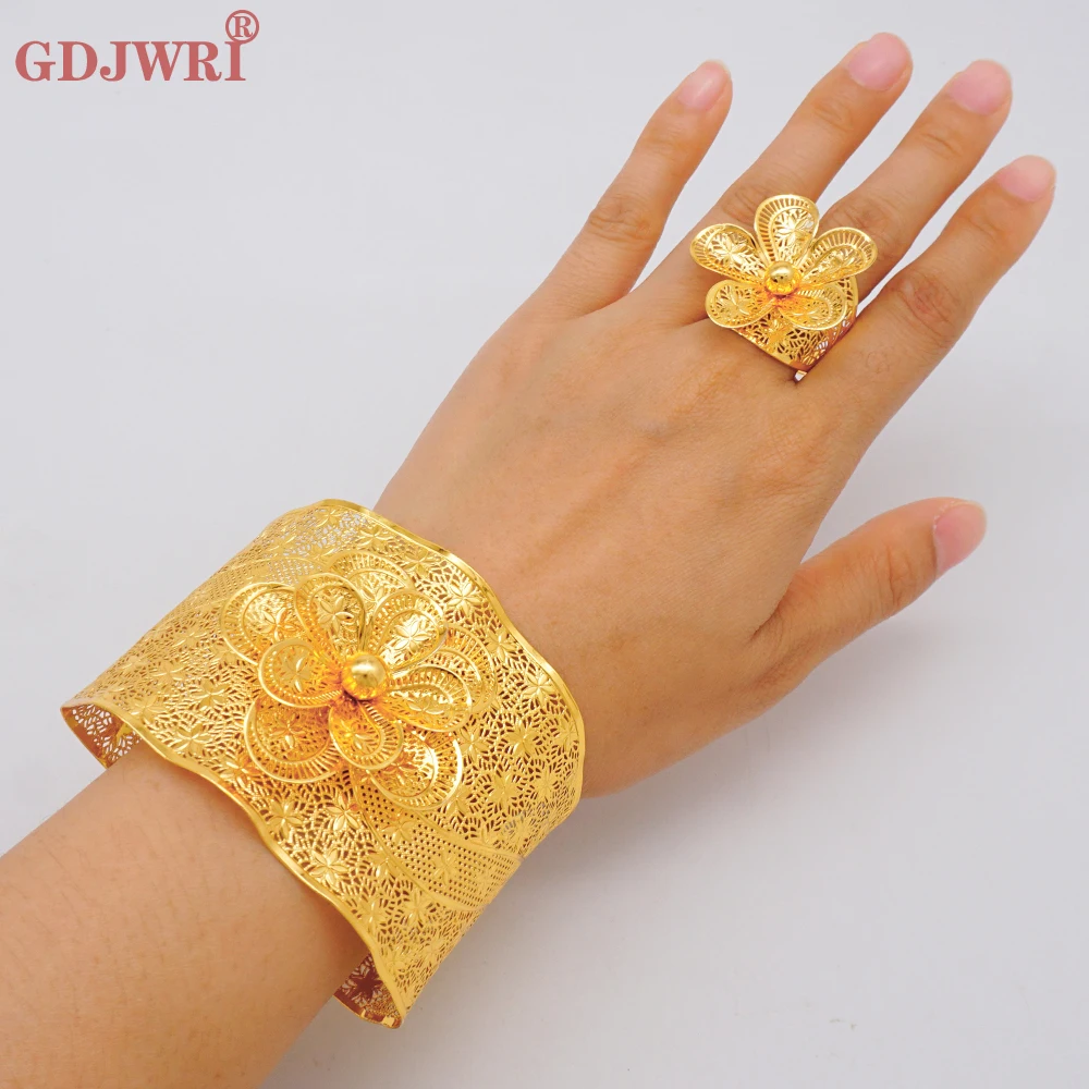 Fine Indian Bangles With Ring For Women France African Arabic Charm Gold Color Cuff Bracelet Jewelry Dubai Nigerian Wedding Gift