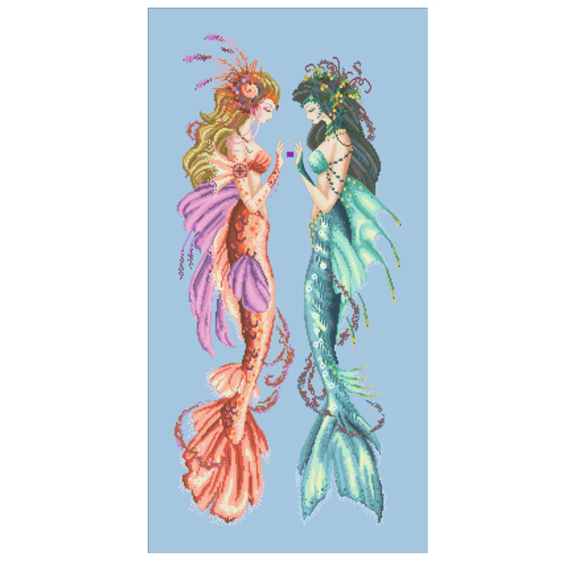 Mermaid sisters cross stitch kit fairy beads pattern design 18ct 14ct 11ct skyblue counted canvas embroidery DIY needlework