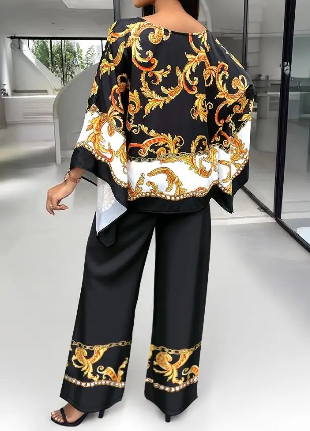 

Women's 2 Pieces Outfit Fashion Baroque Print Batwing Sleeve Loose Top and Casual Elastic Waist Straight Leg Pants Set for Women