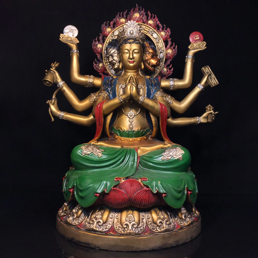 Old Copper Gold Painted Doumu Yuanjun Buddha Statue with Lion Serene Face Heavy Patina