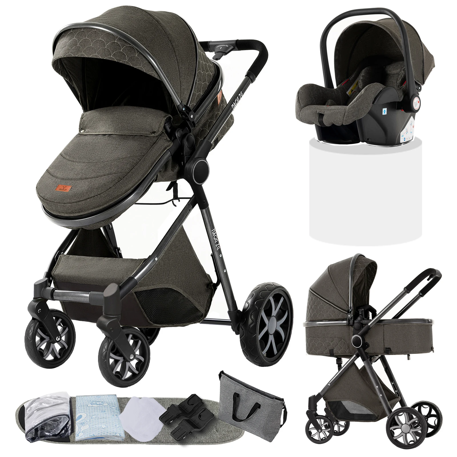 Luxe kinderwagen 3-in-1 met autostoeltje, vijfpuntsgordel voor pasgeborenen, vierwielige kinderwagen, schokabsorberend, opvouwbaar, geschikt voor vliegtuigreizen en lange reizen, met