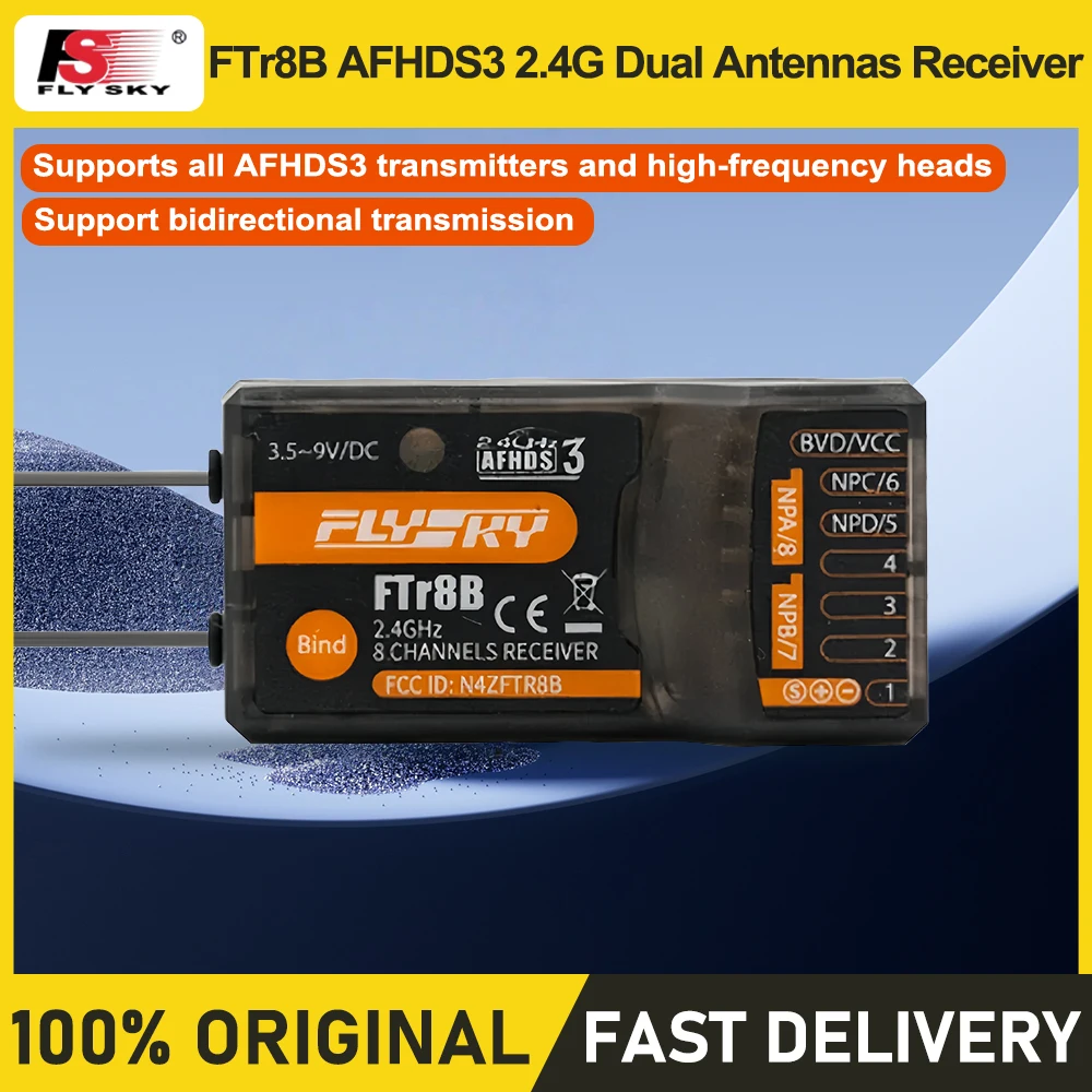 FLYSKY FTr8B AFHDS3 2.4G 8CH Receiver Dual Antenna PWM PPM i-BUS S.BUS Output For PL18 NB4 NB4 Lite RC Airplane
