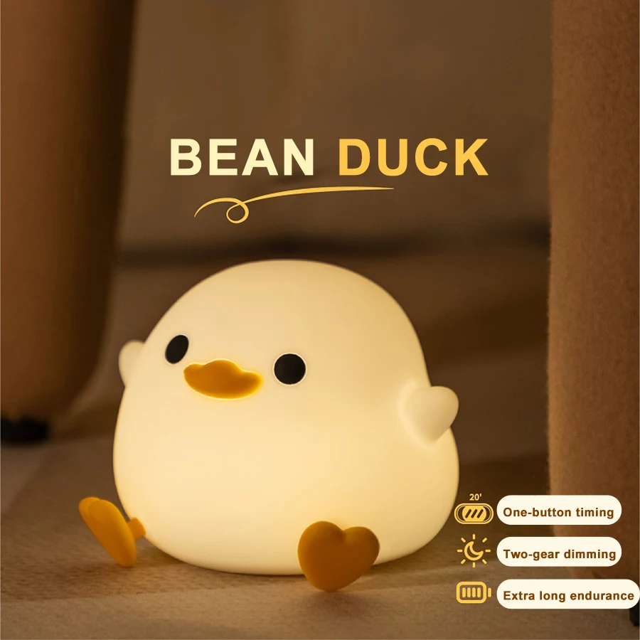 Luz LED nocturna con bonito pato, animales de dibujos animados, lámpara de silicona para niños, Sensor táctil, temporizador, recargable por USB para regalos de cumpleaños