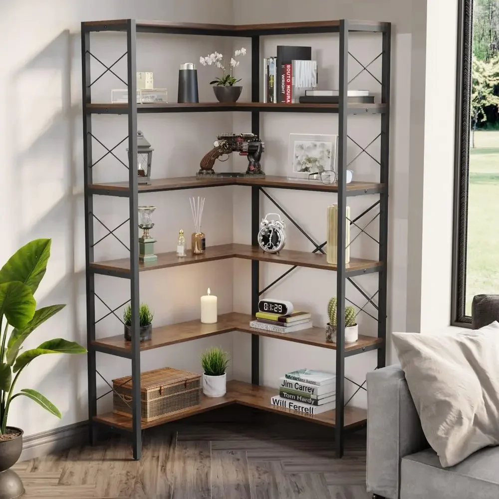 6-Tier L-Shaped Large Bookcase, Industrial Style Metal Shelves for Home or Office