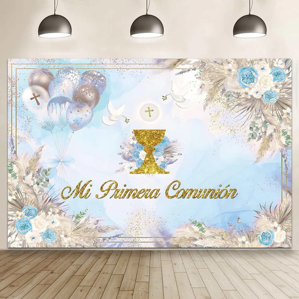 Laeacco-마이 퍼스트 거룩한 친교 사진 배경, 식물 꽃, 베이비 샤워, 세례 맞춤형 포스터 사진 배경