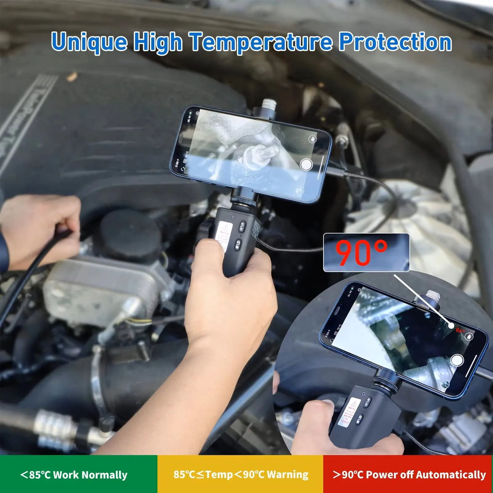 กล้องตรวจสอบแบบส่องกล้อง Ralcam 2-Way Articulating Borescope ขนาด 8.5 มม. ความละเอียด 2MP HD หมุนได้ 180 องศา °   กล้องส่องตรวจแบบมีหัวตรวจสอบที่สามารถควบคุมได้ พร้อมไฟ LED สำหรับ iOS และ Android