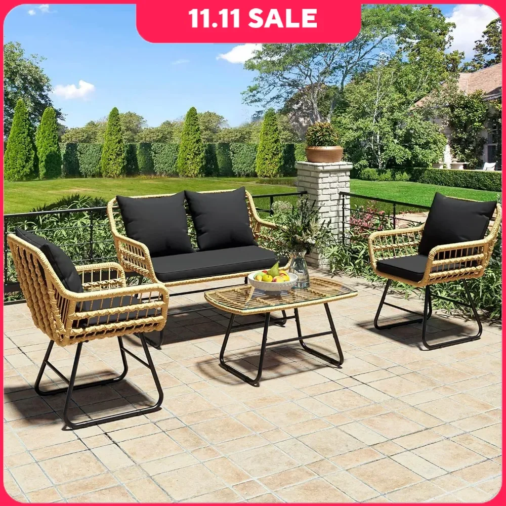 

4-Piece Patio Furniture Wicker Outdoor Bistro Set, All-Weather Rattan Conversation Loveseat Chairs for Backyard, Garden Sofas