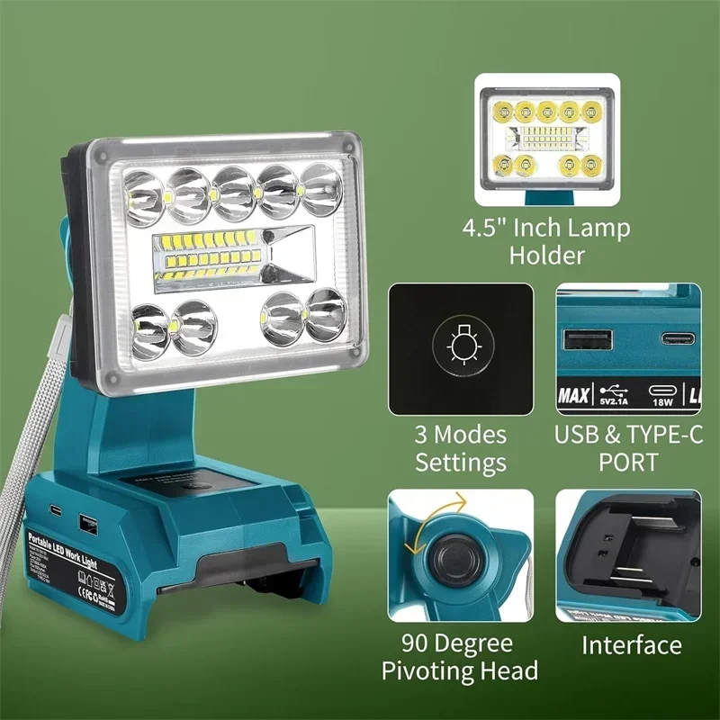 Imagem -02 - Lanterna Portátil Led Luz de Trabalho para Makita Dewalt Milwakee Bosch Black & Decker 18v Bateria Luz de Acampamento