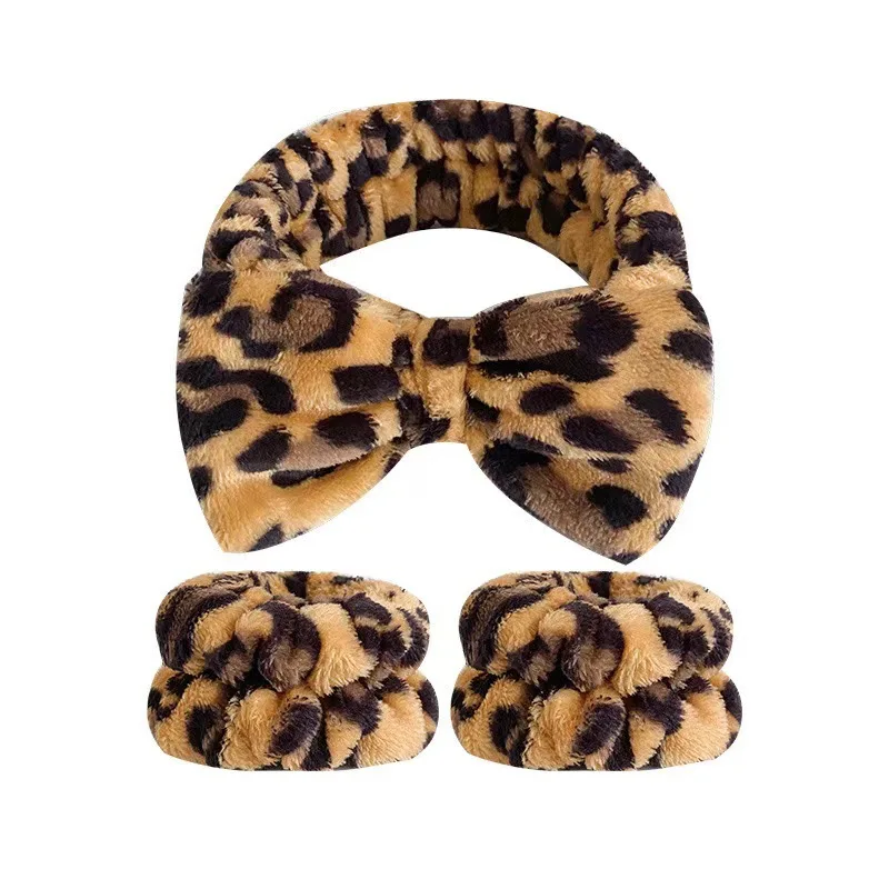 Flannel Bow Elastic Colored Leopard Print Headbands for Women Face Wash Makeup 1pc Headband+2pcs Wrist Strap Set
