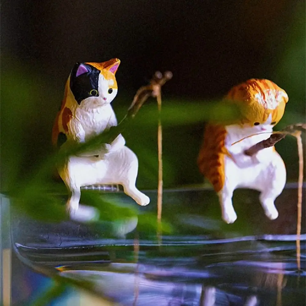 Plant Pot Bonsai Micro-landscape Handicraft Craft Miniature Figurines Cat Statue Fish Tank Ornaments Kitten Fishing Ornament