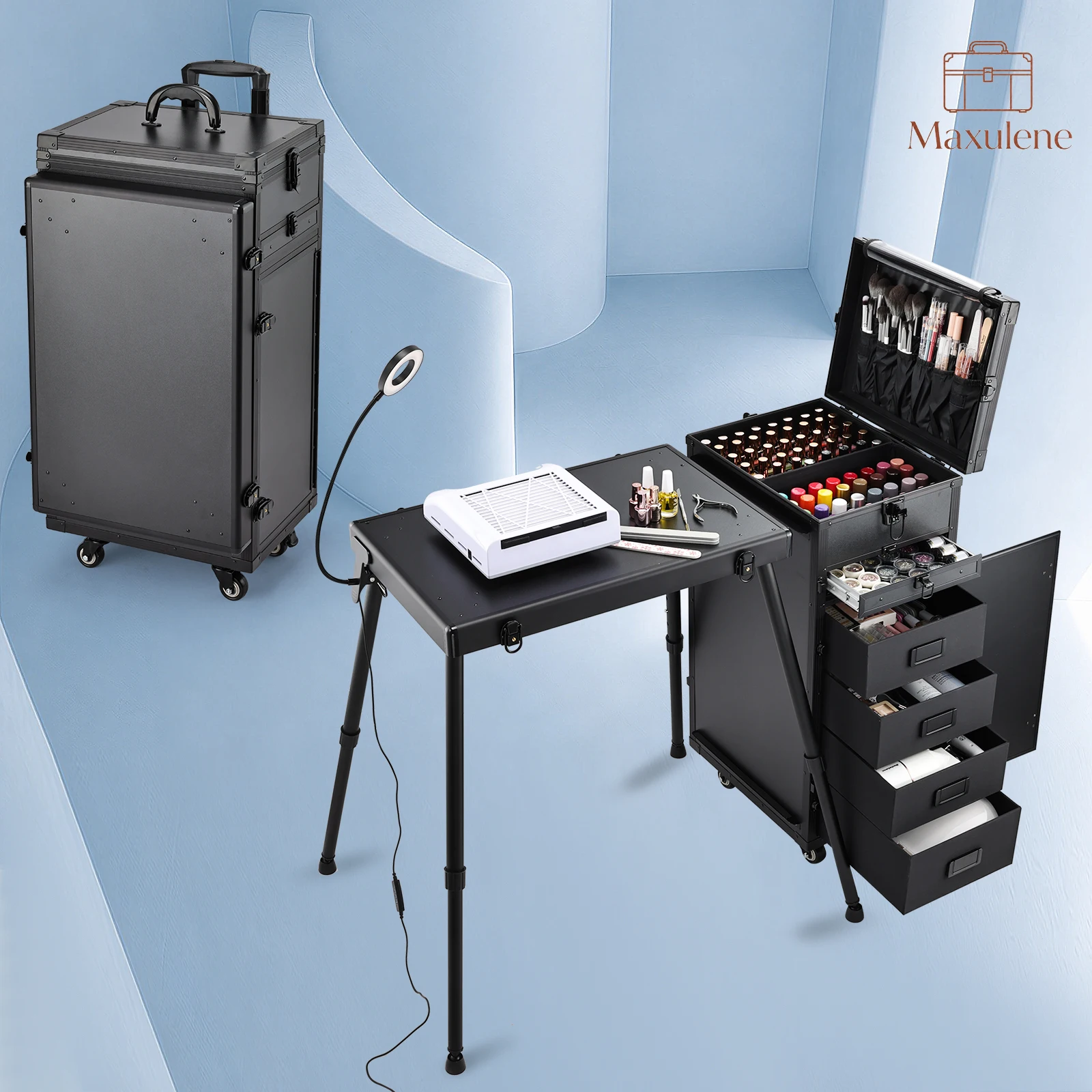 Trolley de Maquillage Professionnel à Roulettes avec 5 Grands Tiroirs de Grande Capacité, Table de Manucure Portable, Poste de Travail pour Technicien(ne) d'Ongles, Mallette de Cosmétologie sur Roues, Table Pliante pour Ongles avec Clés, Table de Travail Mobile pour Tatouage et Cosmétiques