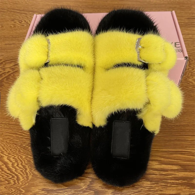 European Station Luxury Fashion Fur Slippers High Quality Mink Slippers Ladies 100% Mink Fur Slippers Summer Slippers