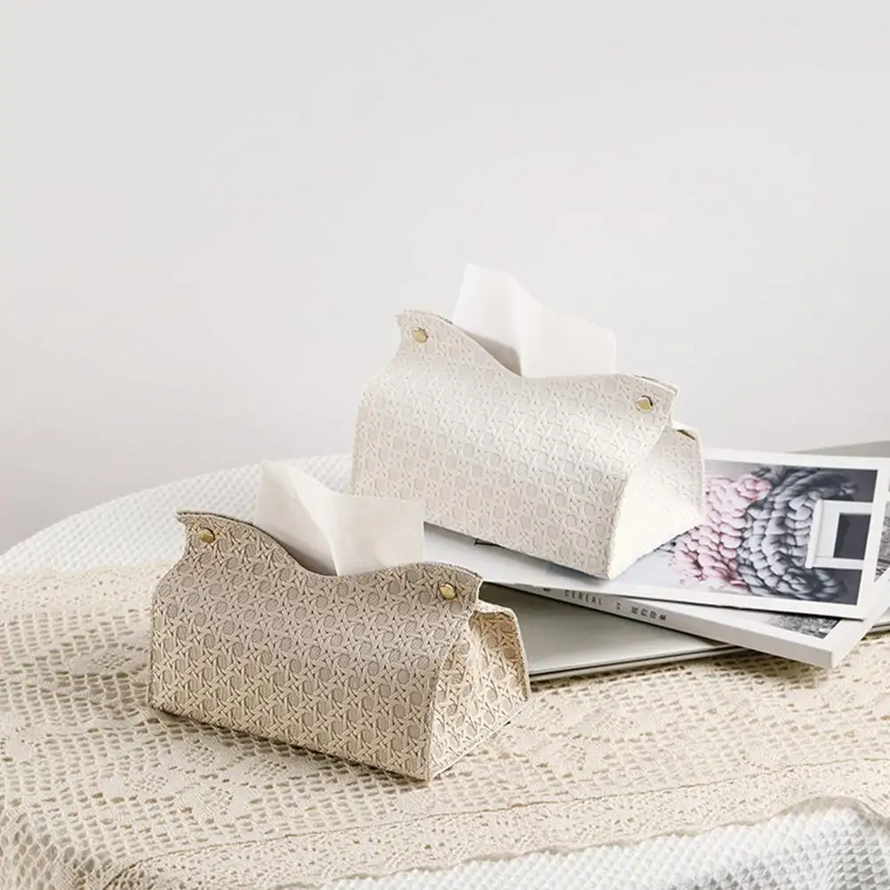 Bamboo Pattern look Tissue Box - PU Leather with Snap Closure for Bathroom/Desktop (Multi-Functional Storage Organizer)