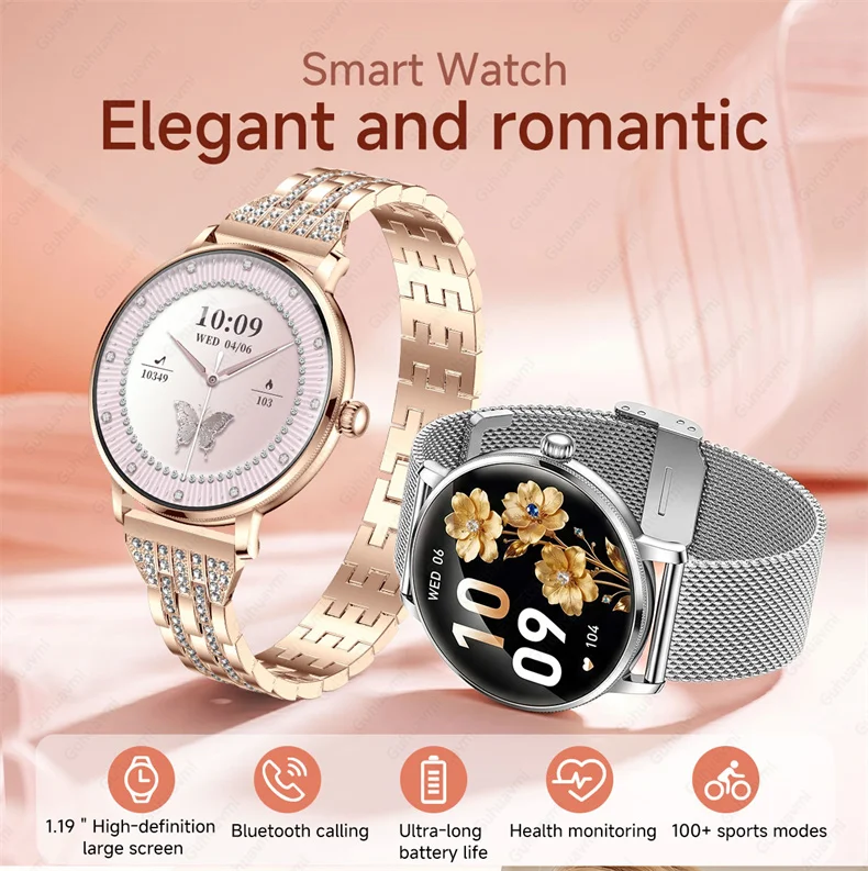 Neue 1,19" Ultra-Dünne Damen Smartwatch in Rosa mit Bluetooth-Anruffunktion, Anpassbaren Zifferblättern, Herzfrequenz- und Schlafüberwachung, Sportfunktionen und Uhrwerk – Detail 1