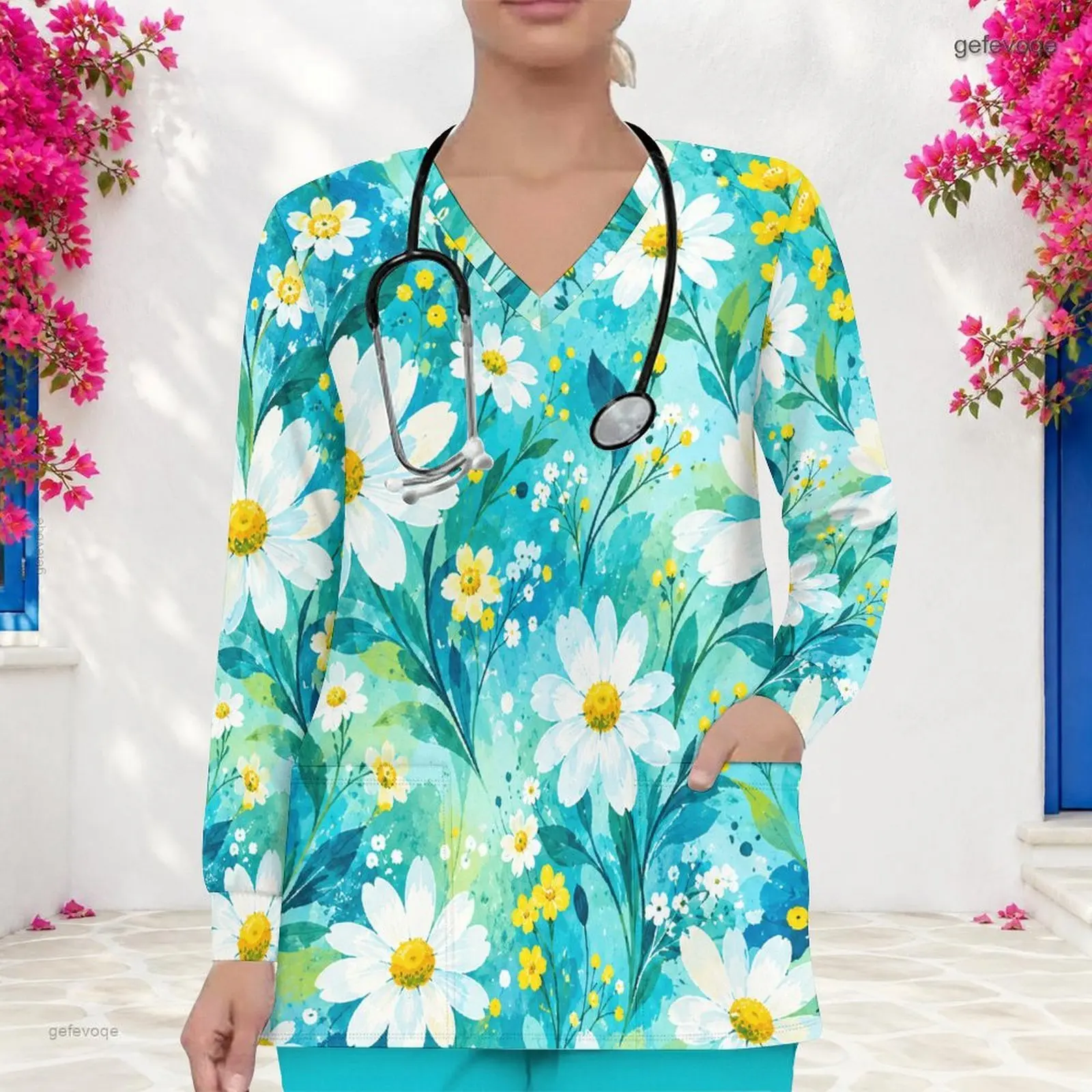 Women Turquoise Blue Daisy Floral Printed V Neck Long Sleeve Scrub Top with Front Pockets