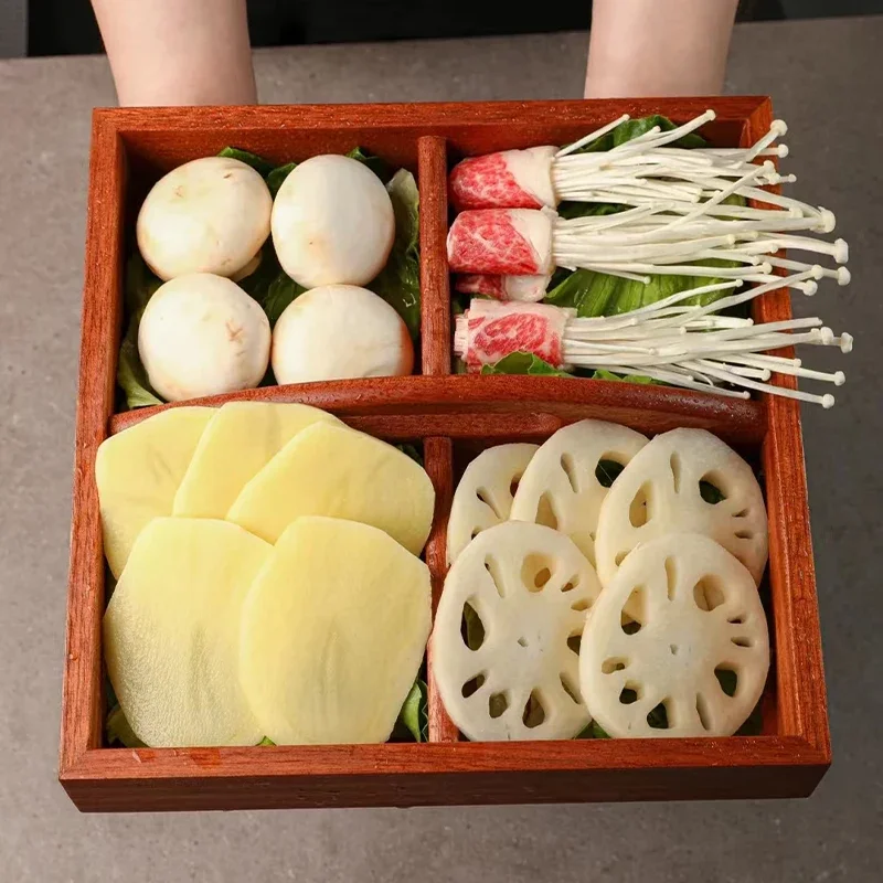 Japanese-style hot pot side dish barbecue tableware food box plate wooden snack platter set four-square tray