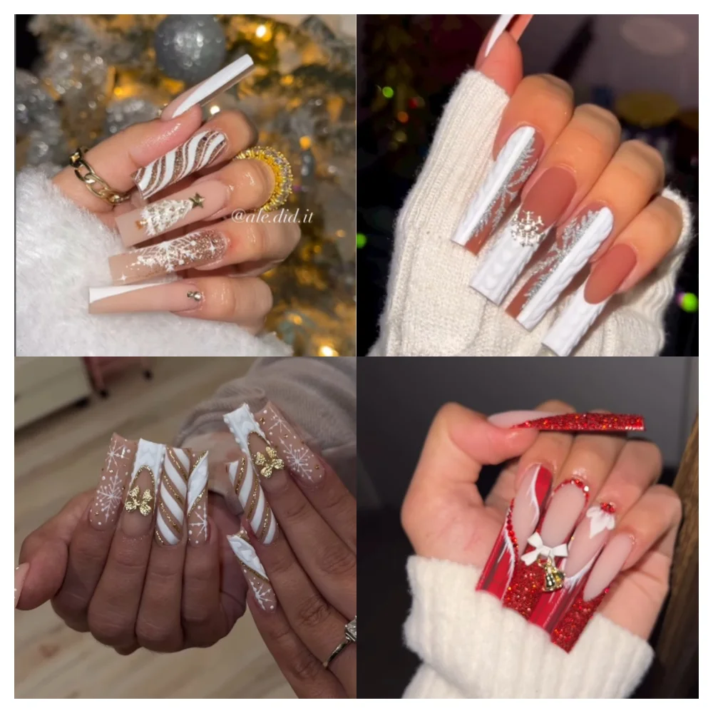 

Рождественский пресс ручной работы на ногтях, квадратные накладные ногти, живопись французских 3D снежинок, дизайн ногтей, многоразовые 10 шт., набор ногтей для женщин