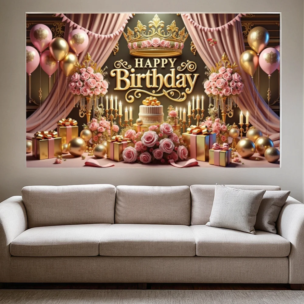 Aniversário feliz cenários festa fundo banner rosa ouro balão coroa padrão decoração do quarto cartaz suprimentos de parede