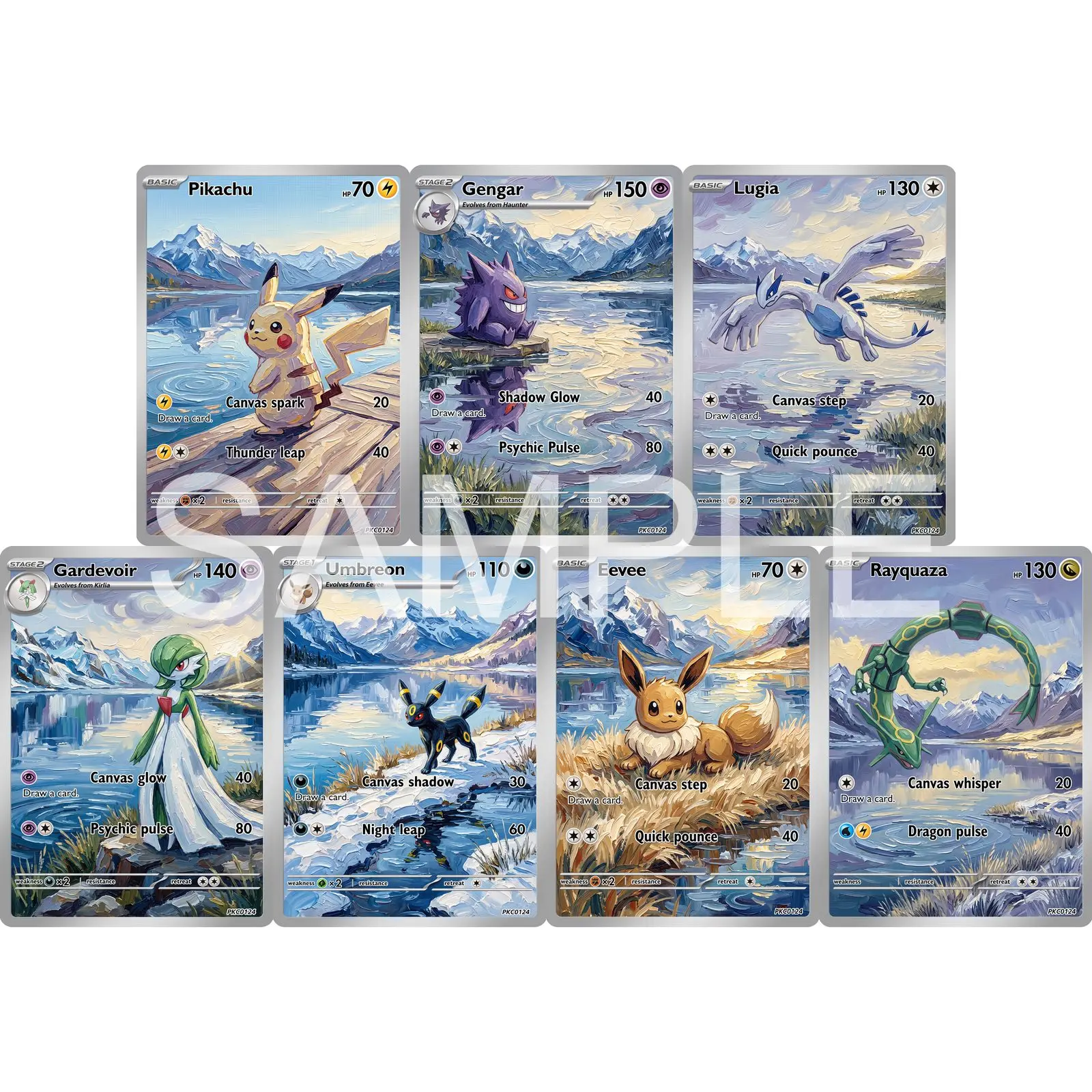 7Pcs PKM Cards PTCG Post Impressionist Oil Painting Style Gengar Lugia Gardevoir Umbreon Eevee Rayquaza Collection Cards PTCG