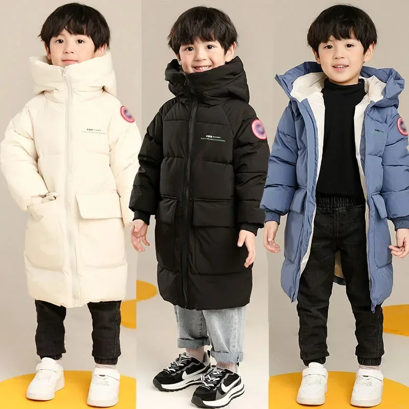 New Winter Boys Jacket Solid Color Mid-Length Keep Warm Cold Protection Hooded Down Cotton Windbreaker Coats For