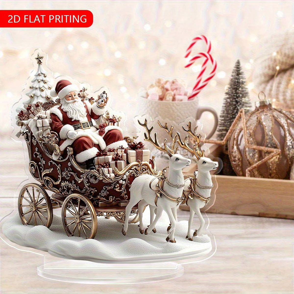 2D Flat, 1pc 2D Printed Santa Claus and Reindeer Desktop Acrylic Ornament | Carriage Decoration | Suitable for Home and Office,