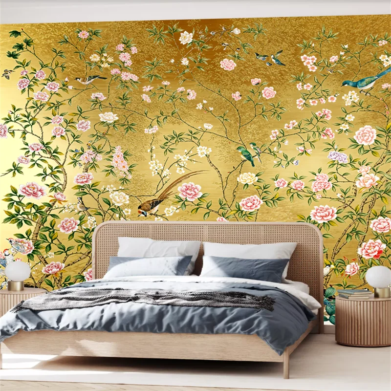 Customized Size Gold Background Mural Chinese Gold, Flower, Bird, Tree Branch Mural, Living Room and Bedroom Wall Decoration
