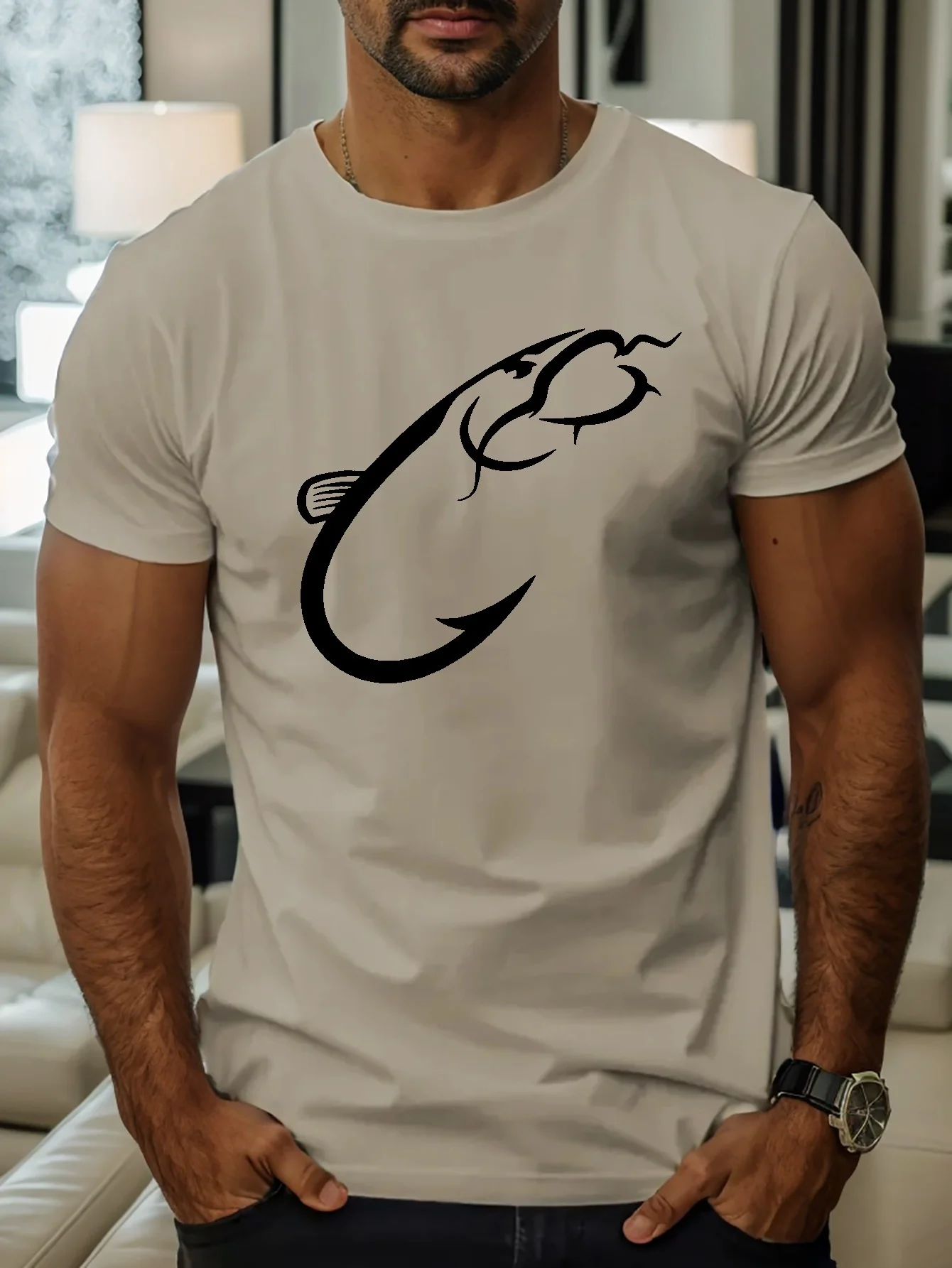 Men Catfish Hook Graphic T-Shirt - Short Sleeve Round Neck Polyester Summer Casual Top Men Clothing