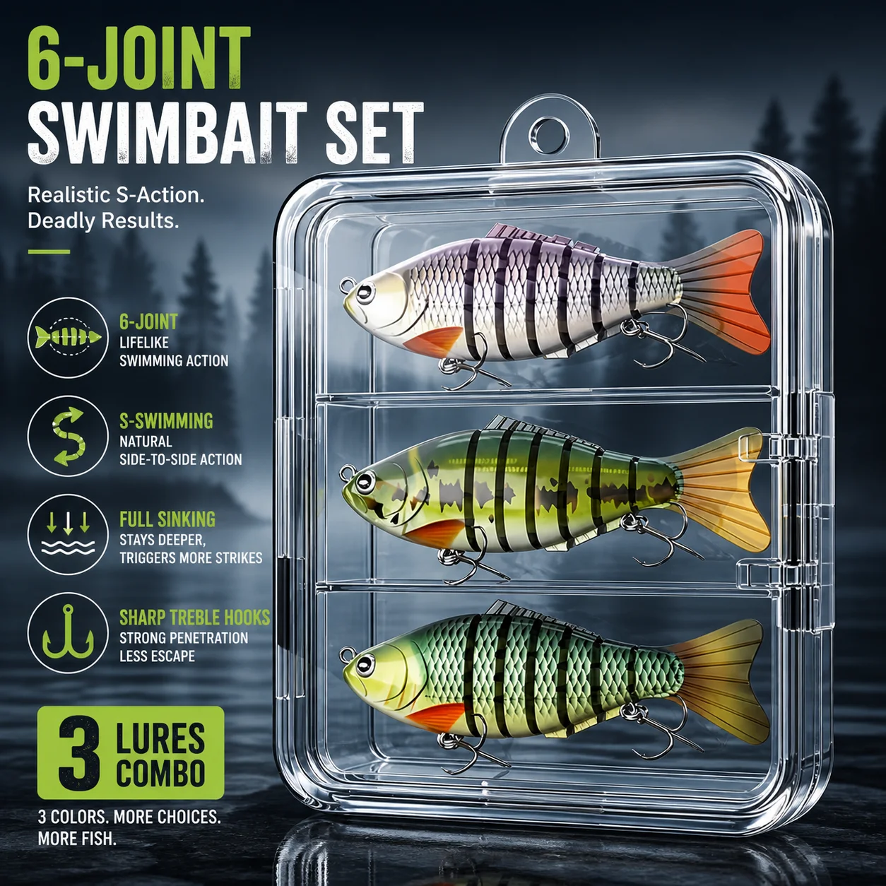 3 Pcs Full Sinking Hard Multi Jointed Swimbaits S Shaped Swimming Sharp Triangle Hooks Hard Bait Storage Box for Trout