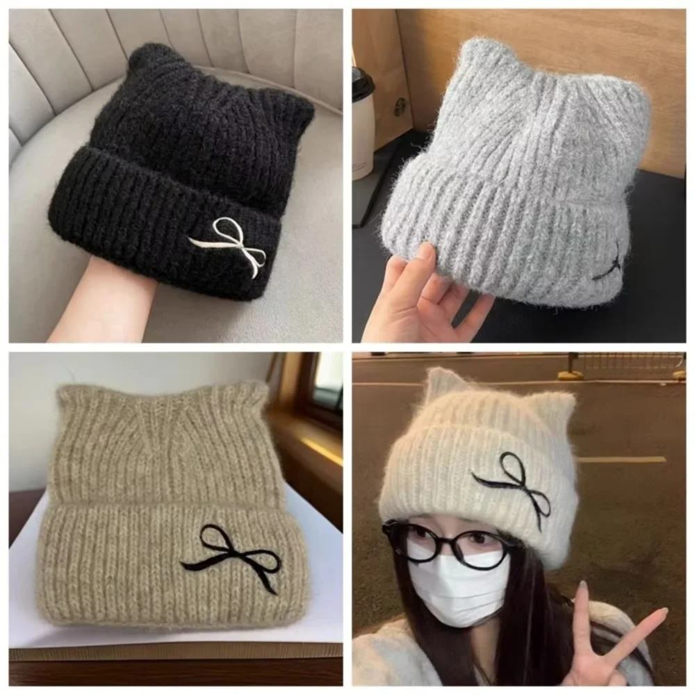 

Fashion Cat Ear Beanie Cap Windproof Solid Color Knitted Woolen Hat Thickened Winter Warm Crochet Hat