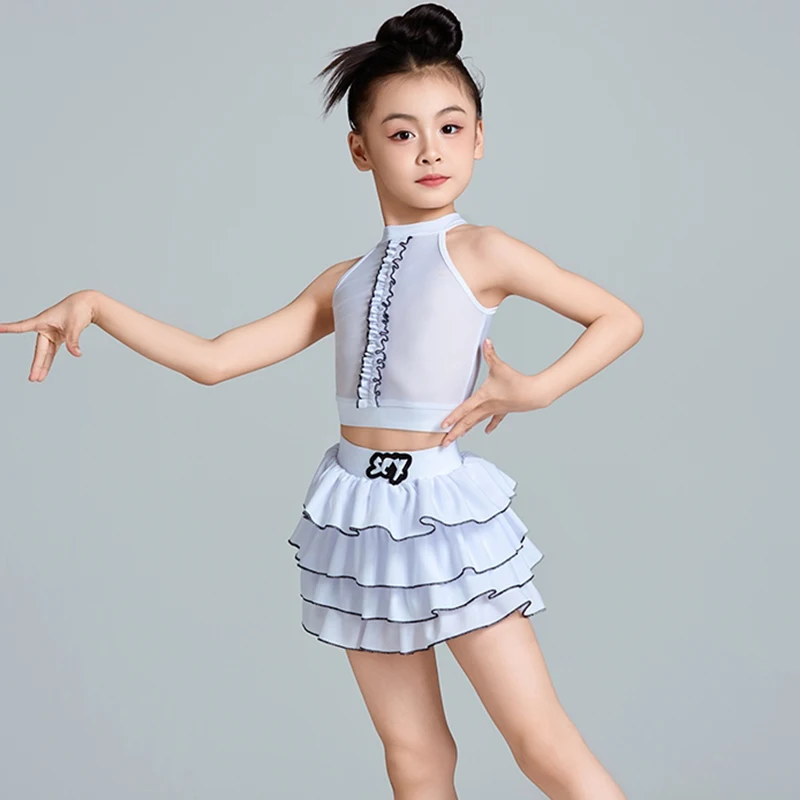 

Latin Dance Dress Girl Summer Sleeveless Tops Cake Skirts Set Rumba Dancing Training Clothes Children Dancer Practice Wear 3413