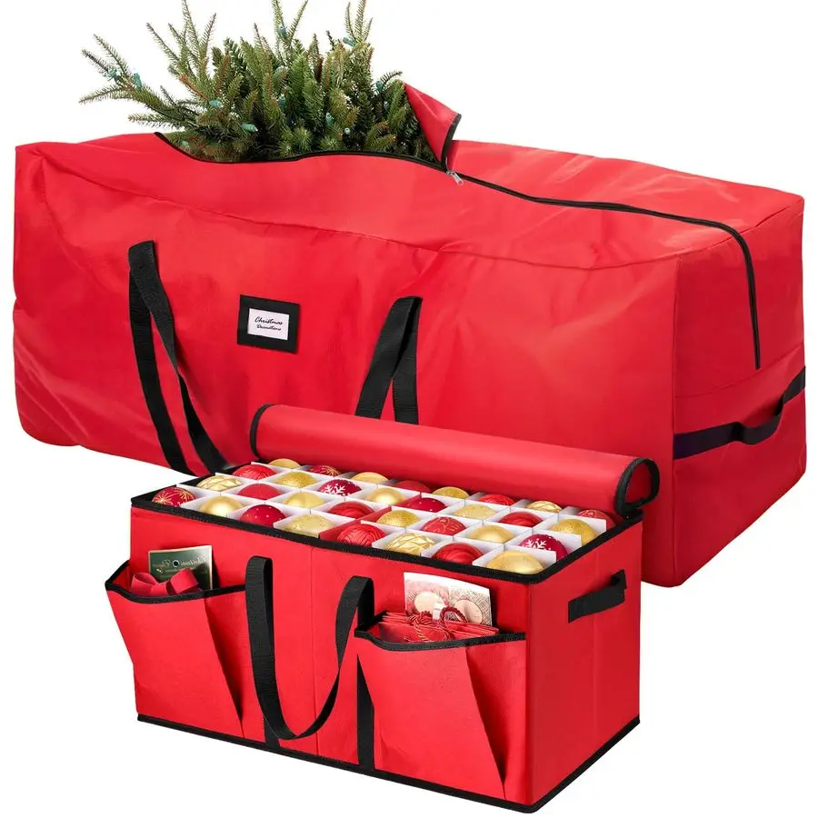 

2 шт. сумки для хранения искусственных елок высотой 9 футов с коробкой для хранения рождественских украшений, прочный водонепроницаемый материал, на молнии