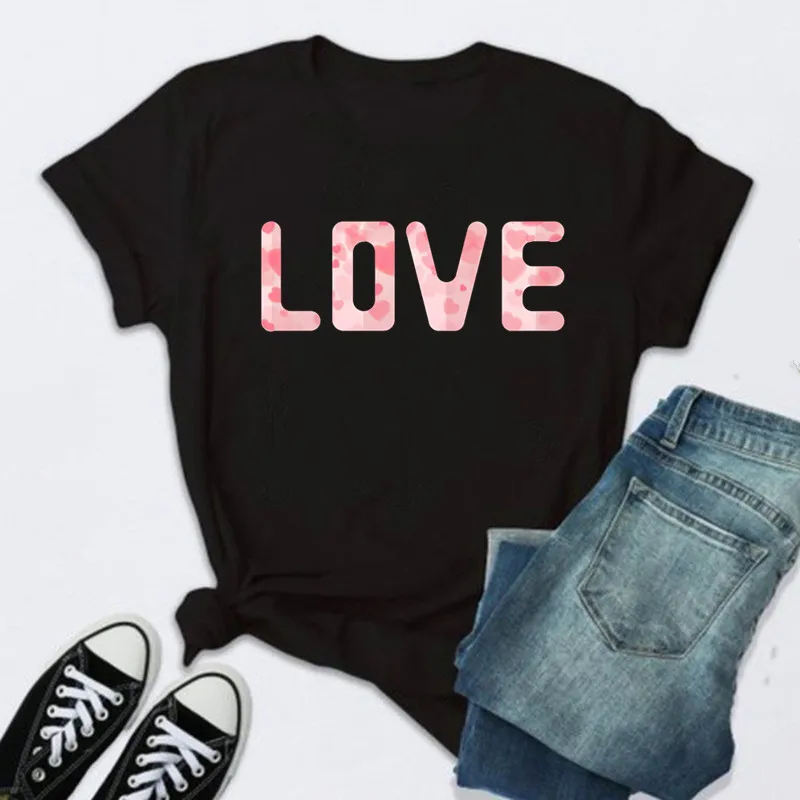 Women's Red Rose Print Black Short Sleeve, Fashion Couple Short Sleeve Top, Harajuku Style, Knitted Short Cute T-Shirt