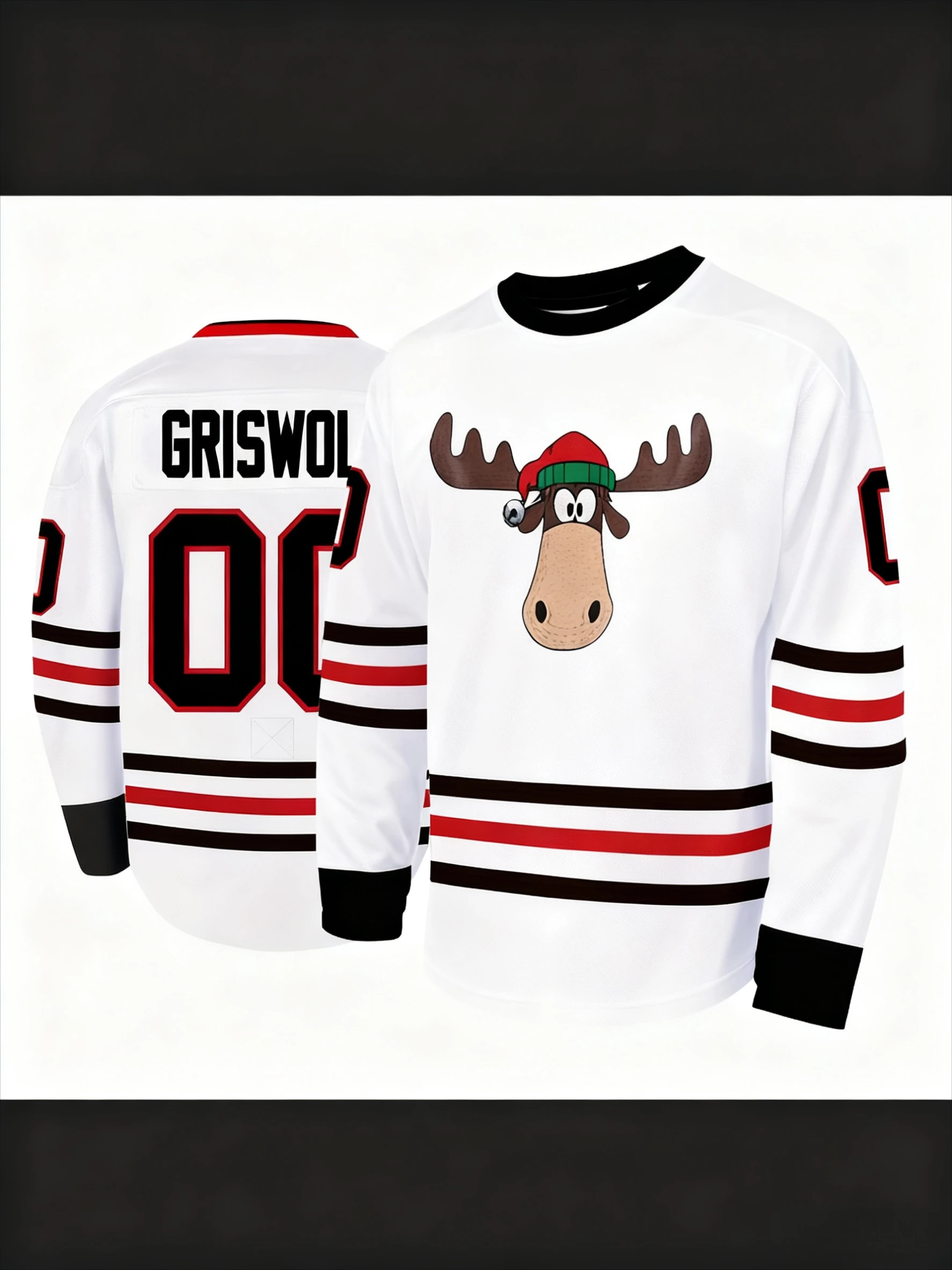 Christmas - Themed Hockey Jersey - Red & Green with White Stripes Cartoon Moose Logo 