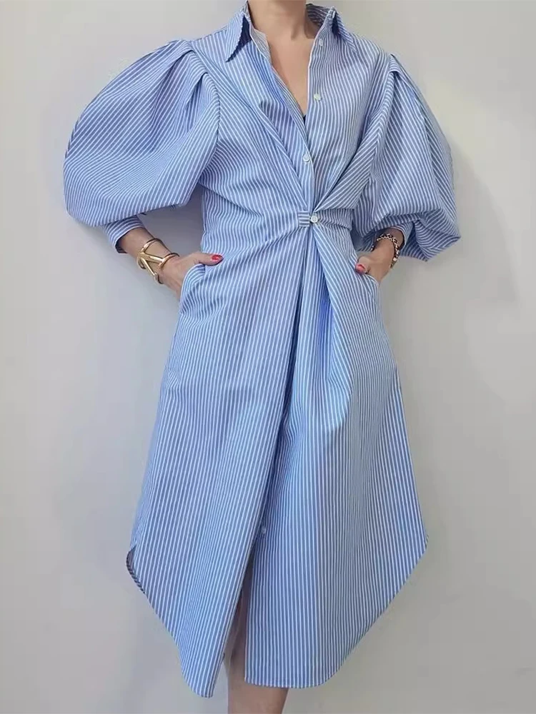 Tannt damska sukienka asymetryczna latarnia rękaw w paski koszula w stylu vintage sukienki z długim rękawem moda białe niebieskie długie sukienki 2025