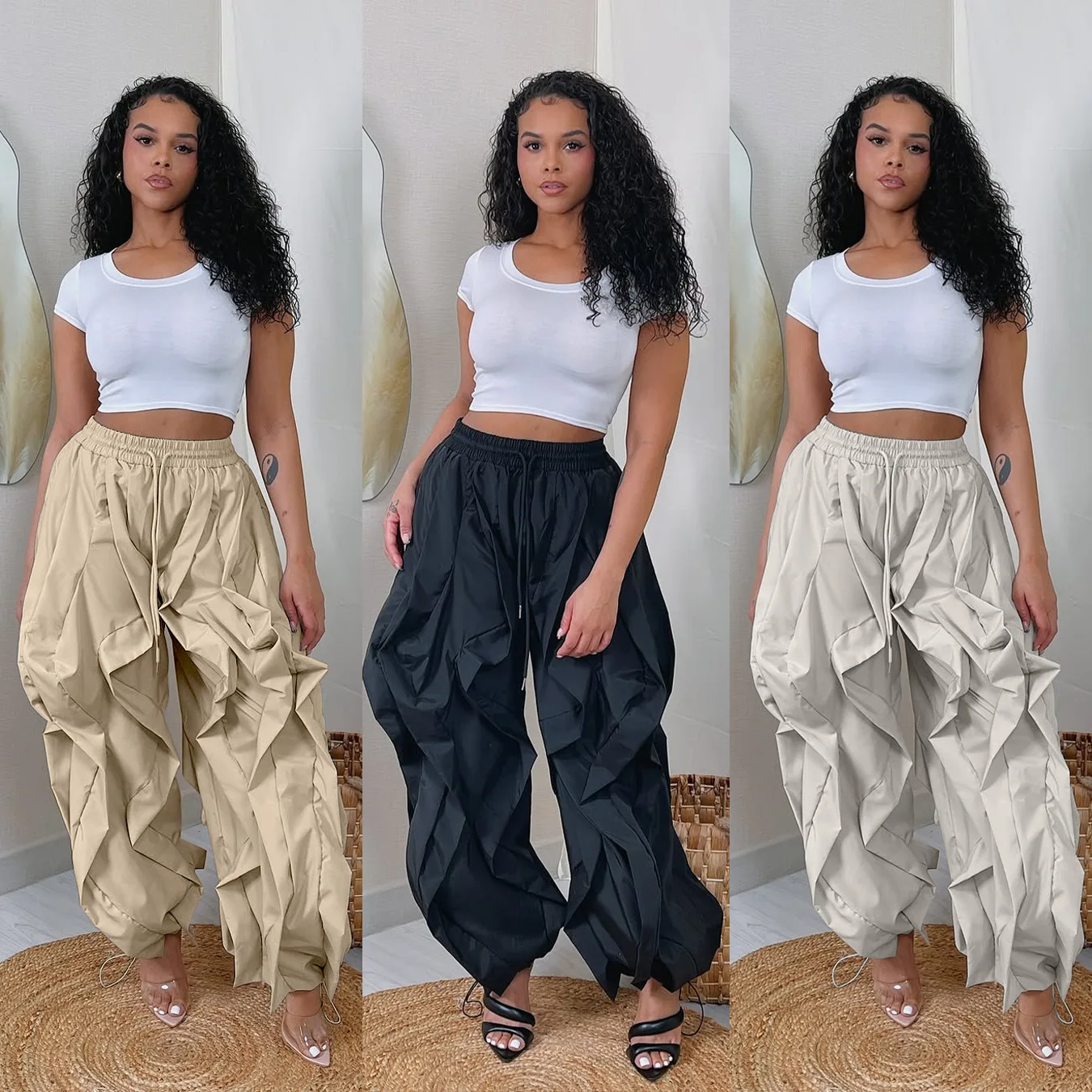 

Cargo Pocket Pants High Waist Y2K Streetwear 2025 Women Summer Fashion Clothes Trousers Sexy Elegant Ruffle Wide Leg Pants