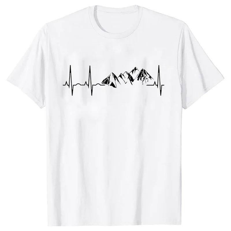 Men\'s T-shirt Novelty Mountain Heartbeat Pulse Line Tees Climbing Hiking Graphic Y2k Tops Casual Short Sleeve Oversized Clothing