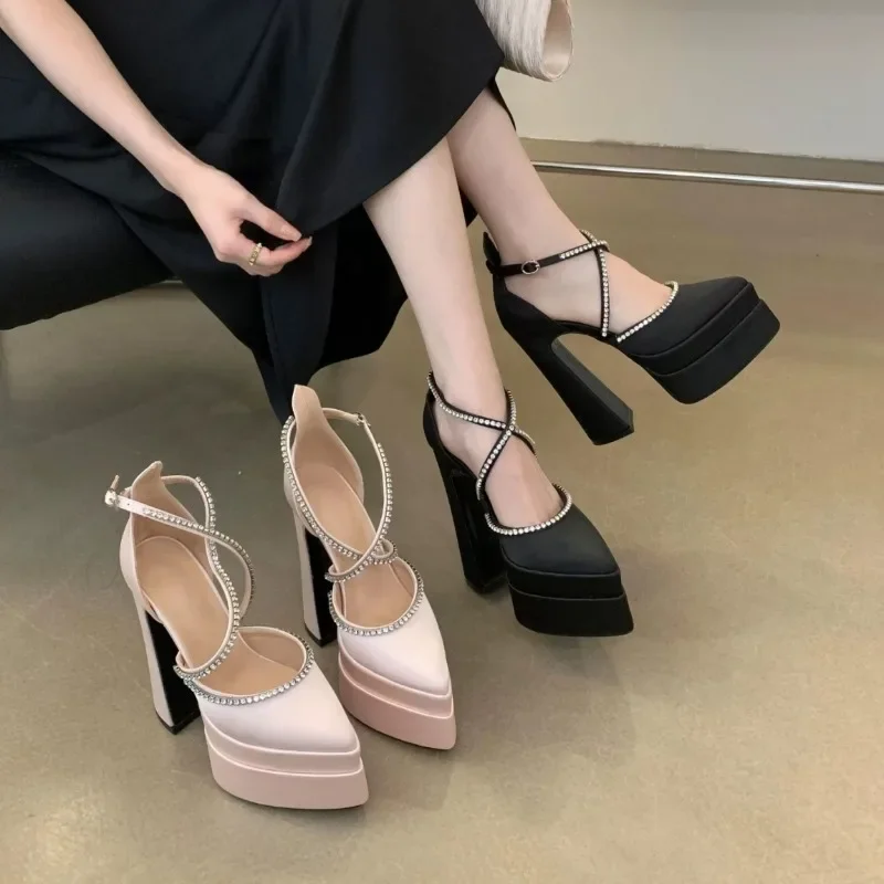 

Новые модные женские босоножки на высоком блочном каблуке и платформе, большие размеры, женские босоножки на очень высоком каблуке с острым носком