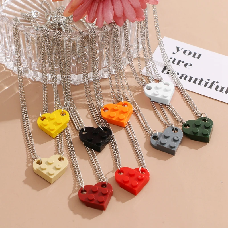 OMY Punk 2Pcs Heart Brick Couples Love Necklace For Lovers Women Men Lego Elements Friends Necklaces Valentines Gift Jewelry