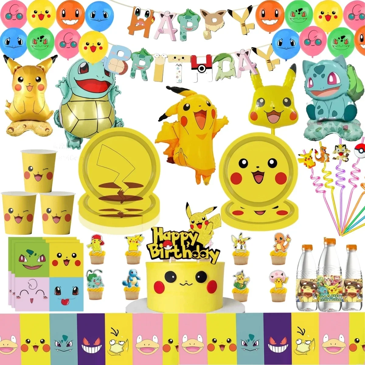 

Pokemon Birthday party Decor Pikachu Disposable Tableware Tablecloth Plate Cups Squirtle Balloon Baby Shower Kids Party Supplies