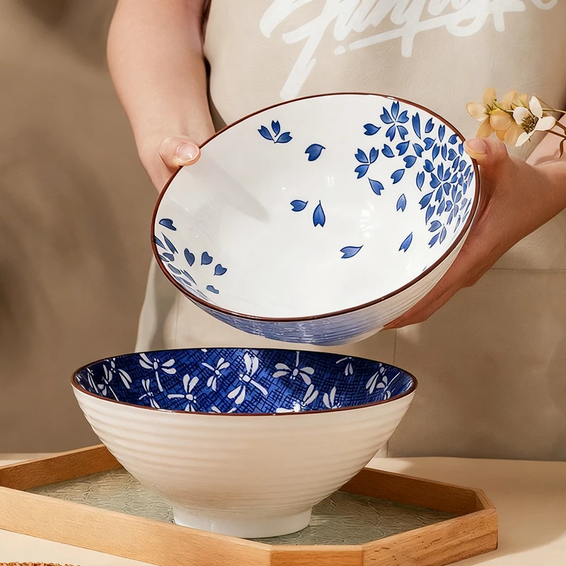 Cuenco de cerámica para Ramen de 1200ML, cuenco de fideos japonés para sopa, cuenco grande para mezclar ensaladas, cuenco para gato pintado a mano, apto para microondas