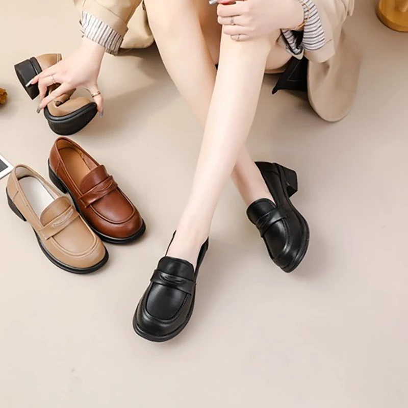 Cowhide Loafers For Women Genuine Leather Low-Top Thick Heels Round Toe Shoes Comfortable And Versatile Casual Office Shoes