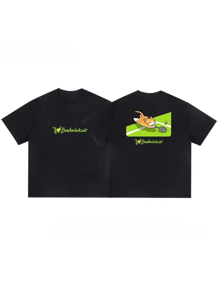 

Badminton Save Ball Orange Cat Badminton Sports Short-sleeved T-shirt Loose Half-sleeved Couple Street Wear