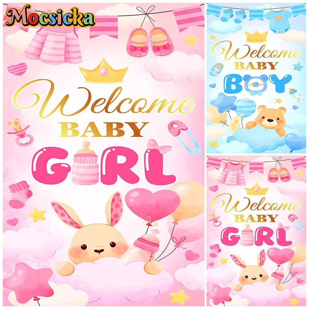 Mocsicka Welcome Baby Girl Boy Backdrop Pink Blue Bunny Shower Gender Reveal Photography Backgrounds Studio Party Props Banner