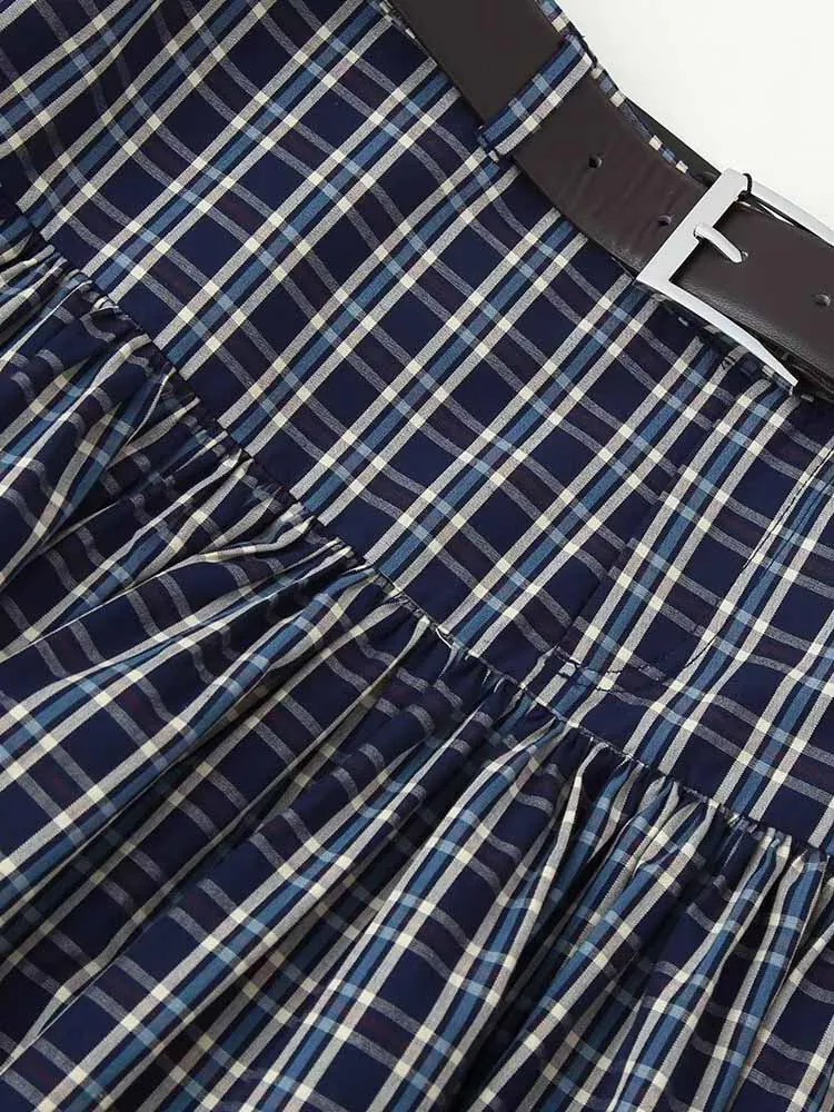 Nuovi arrivi invernali in stile europeo e americano, gonna midi scozzese a vita media da donna casual alla moda e alla moda con cintura