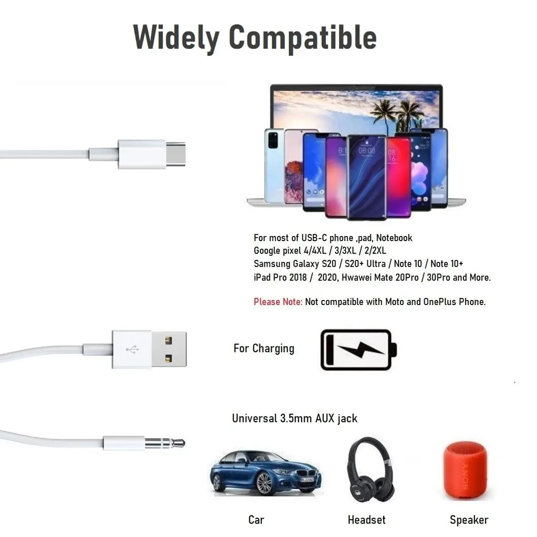 كابل USB C إلى 3.5 ملم Audio Aux Jack مع سلك شحن متوافق مع iPhone 15Pro 15 وSamsung Galaxy S20/S20 والهواتف الأخرى