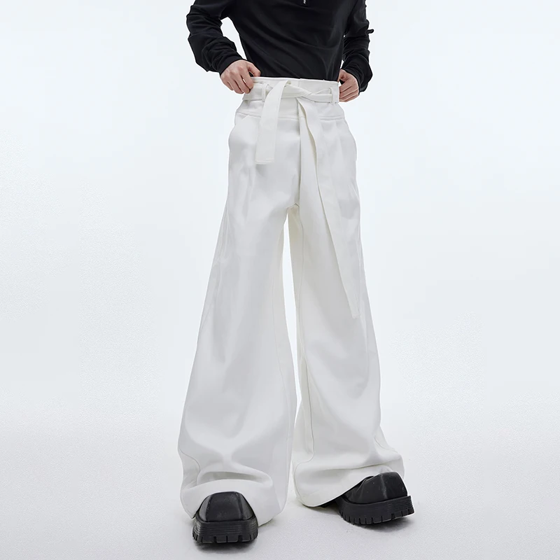 Luzhen 2025 novo cinto de cor sólida decorar calças casuais soltas masculino elegante luxo calças de perna larga bell-bottoms lz9568