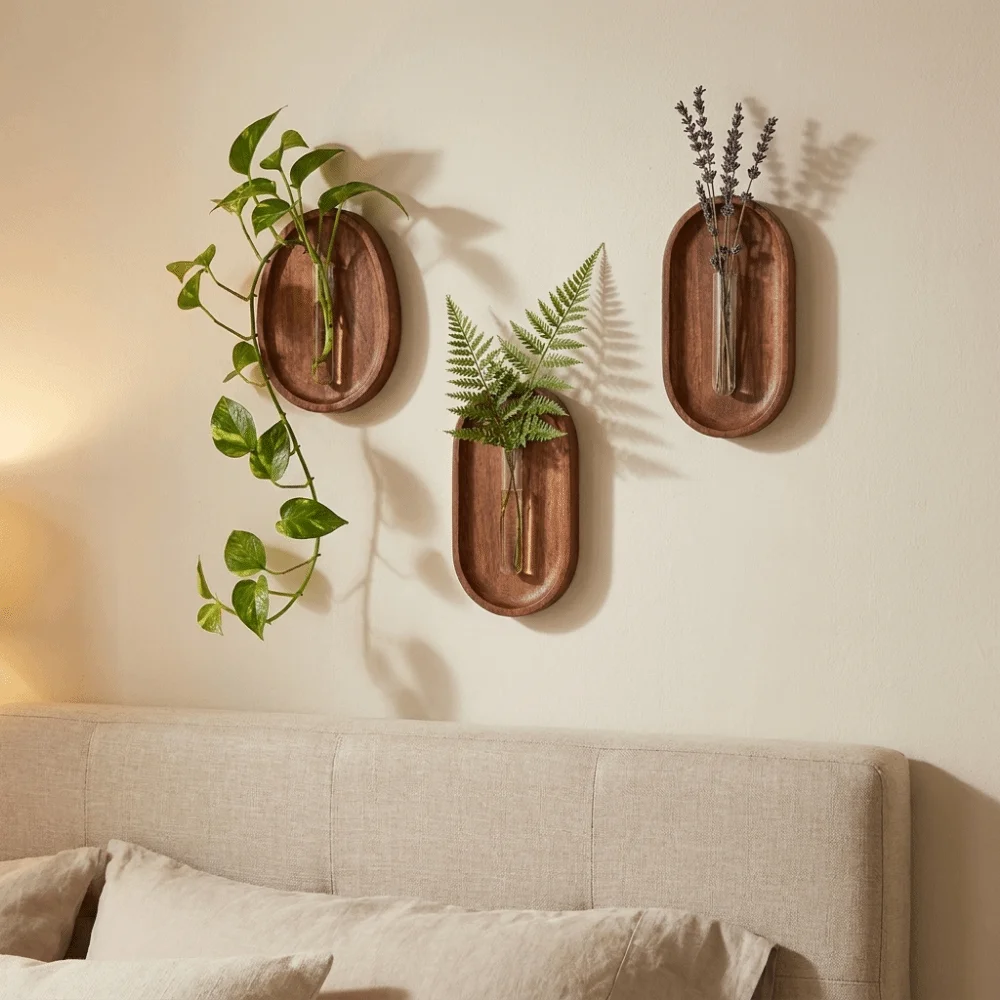 Solid Wood Wall Mounted Vase Space Saving Round/Oval Wall Hydroponic Vase Minimalist Oval Tube Wall Vase Living Room