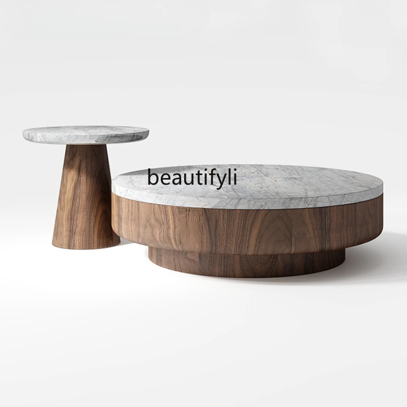 

Marble round Retro Coffee Table Combination Living Room Home Modern Minimalist Chinese Style Walnut Color Designer